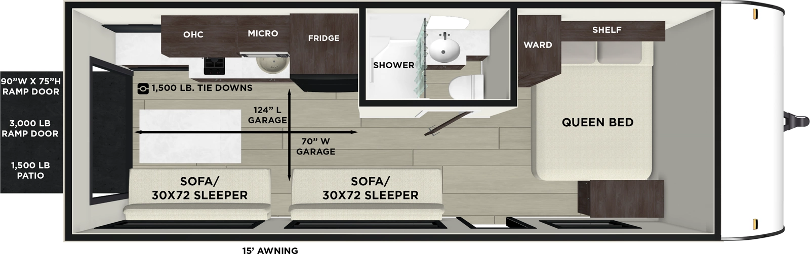 The Salem FSX 190RTK floorplan is a toy hauler that has one entry and zero slide outs. Exterior features include: fiberglass exterior and 15' awning. Interiors features include: front bedroom.